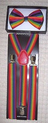 Unisex Rainbow Stripes Adjustable Bow tie + Rainbow Adjustable Suspenders Combo