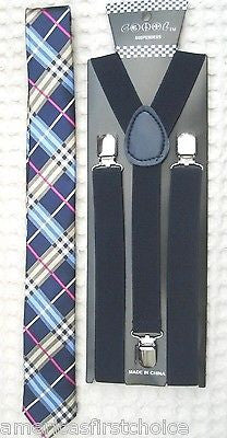 Blue Black Gargoyle Plaid  Necktie & Navy Dark Blue Suspenders Combo Set-New!
