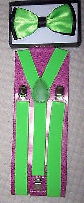 NEON GREEN BLACK TIPS TUXEDO BOW TIE + 1" BLACK ADJUSTABLE SUSPENDERS SET-NEW2