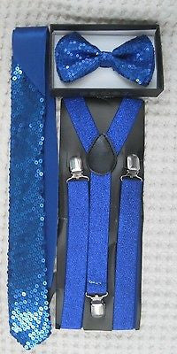 Royal Blue Sequin Adjustable Bow Tie,Neck tie & Blue Glitter Suspenders Set-V1