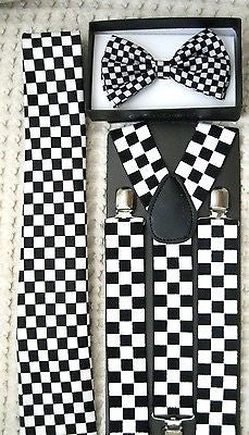 Black&Blue Checkers Necktie and 1" Black&Blue Checkered Adjustable Suspenders