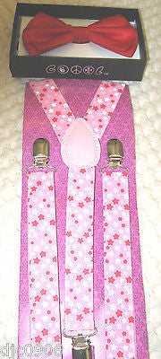 Valentine Solid Red Adjustable Bow Tie & Pink White Stars Suspenders Combo-New