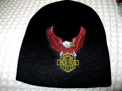 Bald Eagle Motor Ride Free Cycles Embroidered on Black Beanie Ski Hat Cap Beanie