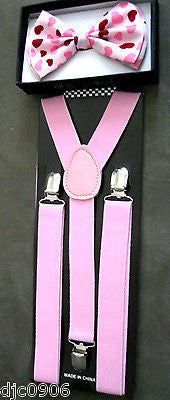 Pink Hearts Valentine  Adjustable Bowtie & Pink Adjustable Suspenders Combo-New!