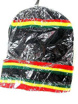 Rasta Red,Yellow,Green Stripes Strip on Black Knitted Skull Beanie Ski Cap-New!