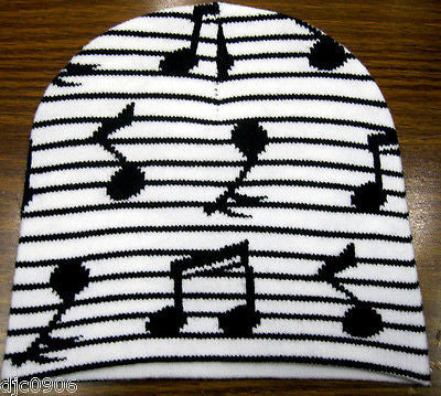 Black Musical Notes Black&White Stripes Winter Knitted Skull Beanie Ski Cap-New!