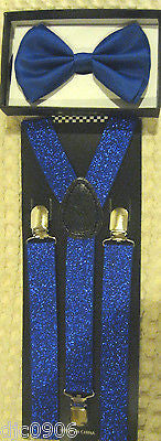 Solid Blue Adjustable Bow Tie & Neon Blue Glittered Adjustable Suspenders Set