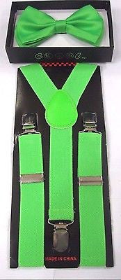 Teens GREEN Adjustable Bow Tie& NEON GREEN Y-Back adjustable Suspenders-NEW!