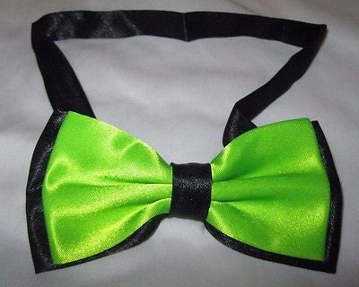 NEON GREEN BLACK TIPS TUXEDO BOW TIE + 1" BLACK ADJUSTABLE SUSPENDERS SET-NEW2