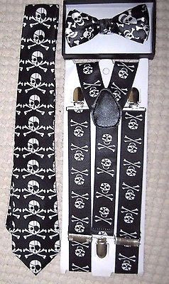 Unisex Skulls&Crossbones Bow tie&Neck Tie+Skulls&Crossbones Suspenders Set-vers5