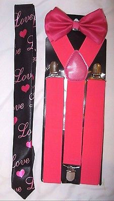 Pink Adjustable Bow Tie,Love Hearts Necktie,& Solid Pink Y-Back Suspenders Combo