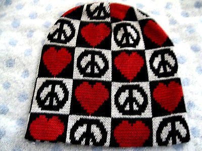 Peace Signs Symbols,Hearts,Black/White Checker Winter Knitted Skull Beanie -New!