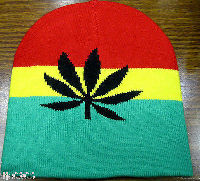 Rasta Red,Yellow,Green MJ Marijuana Leaf Beanie Ski Cap + Rasta Gloves -New!