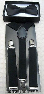 Kids Teens Black Adjustable Checker Bow Tie&Black Adjustable Suspenders Set-New!