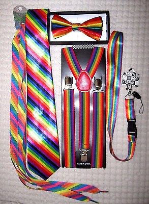 Unisex Rainbow Stripes Adjustable Bow tie,Neck Tie,Suspenders,Lanyard,Shoelaces8