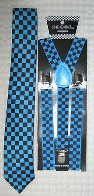 Turquoise French Blue Black Checkered Suspenders&Adjustable Matching 3" Neck Tie