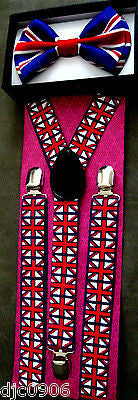 British England Red,White,&Blue Adjustable Suspenders & British Bowtie Bow Tie