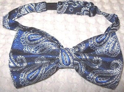 ROYAL BLUE SILVER PAISLEY PATTERN RETRO TUXEDO ADJUSTABLE BOW TIE BOWTIE-NEW!