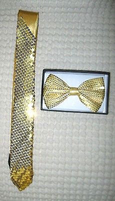 Gold Sequin Neck tie & Solid Gold Sequin Adjustable Bow tie Combo Set-Brand new!