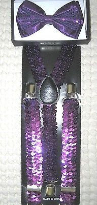 Purple Sequin Bowtie Bow Tie & Purple Sequin Adjustable Suspenders Combo Set-V1