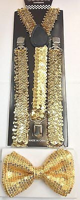 Gold Sequin Adjustable Bowtie & Gold Sequence Adjustable Suspenders Combo-New!