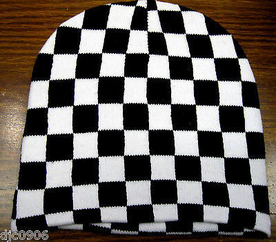 White and Black Checker Checkered Winter Knitted Skull Beanie Ski Cap-New!