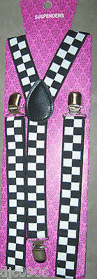 Unisex Black Large White Checkered Adjustable Y-Style suspenders-New in Pkg