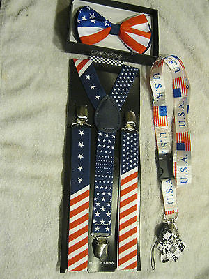 US Flag Patriotic Red White Blue Stripes Adjustable Suspenders-New in Package!