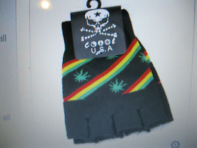 GREEN MJ WEED LEAVES RASTA STRIPES KNIT FINGERLESS GLOVES WINTER WOMENS MEN