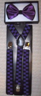 PURPLE BLACK TIPS TUXEDO ADJUSTABLE BOW TIE+PURPLE CHECKERS SUSPENDERS COMBO