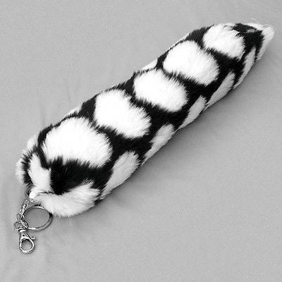 BLACK WHITE HEARTS FAUX TIGER TAIL FOX TAIL FOXTAIL KEYCHAIN 12" BELT CLIP-NEW!