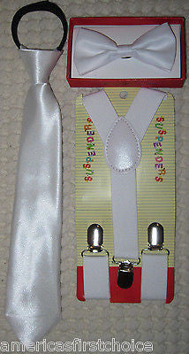 Kid's Boys Girls White Adjustable Bow Tie, Neck Tie & White Y-Back Suspenders