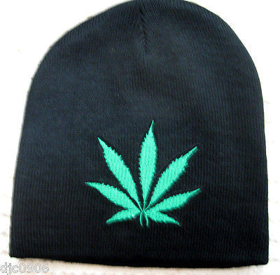 Medium Green Screen Print Marijuana MJ Weed Leaf  on Black Hat Cap Beanie-New!