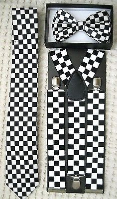 Black&White Checkers Necktie,Lanyard, & 1" Black&White Checkered Suspenders-V1