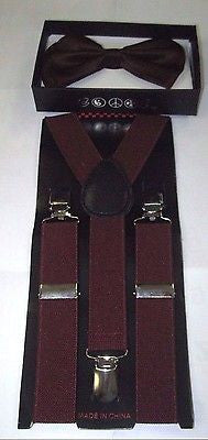 Kids Teens Burgundy Stripes Adjustable Bow Tie&Teens Burgundy Y-Back Suspenders