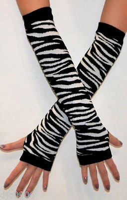 Unisex Black White Zebra Print Elastic Fingerless Arm Warmers Elbow Long Gloves