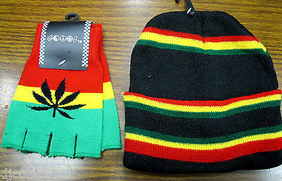 Rasta Red,Yellow,Green MJ Beanie Ski Cap + Rasta Large Marijuana Leaf Gloves-New