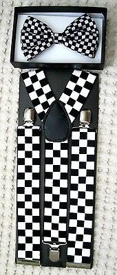 BLACK WHITE CHECKERED Adjustable Bow tie&Adjustable Y-Back Suspenders Combo-New2