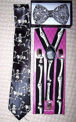 Unisex Skulls Design Bow tie, Skeleton Neck Tie,& Skeleton Bones Suspenders-New!