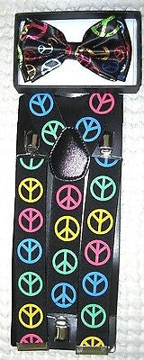 Unisex Multi Color Peace Signs Adjustable Bow Tie & Thick Suspenders Combo-New!