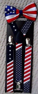 Patriotic Flag Adjustable Bow tie & US Flag Adjustable Suspenders Combo-New!