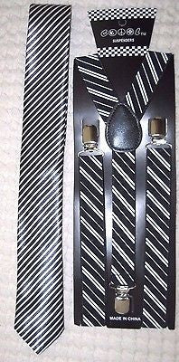 Black&White Stripes Neck Tie & Black & White Stripes Adjustable Suspenders Set-2