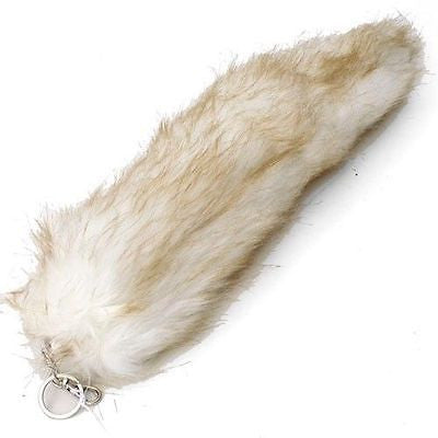 WHITE WITH BROWN STREAKS FUR FOX TAIL FOXTAIL KEYCHAIN 12" CLIP-BRAND NEW!