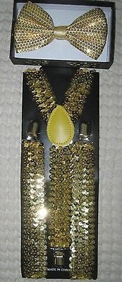 Gold Sequin Adjustable Bow tie & Gold Sequin Adjustable Suspenders Combo-New!v5