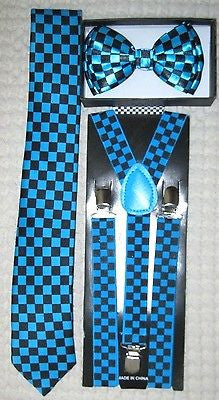 Turquoise French Blue Black Checkered Bow Tie,3" Neck Tie,&Adjustable Suspenders
