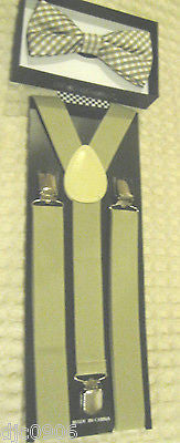 Tan Beige White Plaid Adjustable Bowtie & Beige Adjustable Suspenders Combo-New!