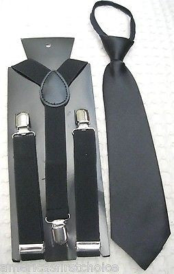 Kids Teens Black Adjustable Pre-Tied NeckTie & Black Adjustable Suspenders Set