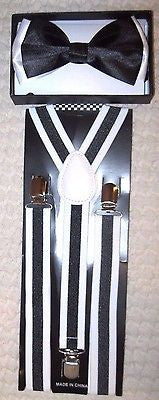 Black with White Tips Adjustable Bow Tie & White Adjustable Suspenders Set-Ver2