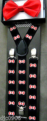 Solid Red Adjustable Bowtie & White Red Bow Ties Adjustable Suspenders Combo