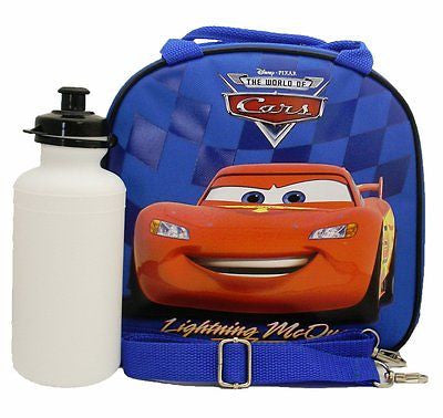 Disney Cars Lightning McQueen Blue Lunch Bag with Water Bottle & Strap-New!